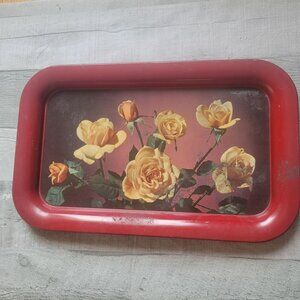 Vintage Red Floral Metal Tray 13.5" X 8.5" Rectangular With Yellow Roses Design
